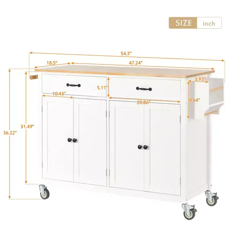 Carrello da Cucina con Isola, Piano in Legno Massello e Ruote Bloccabili, Larghezza 137.9 cm, Mobile a 4 Ante, Due Cassetti, Porta Spezie e Porta Asciugamani (Bianco)