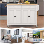 Carrello da Cucina con Isola, Piano in Legno Massello e Ruote Bloccabili, Larghezza 137.9 cm, Mobile a 4 Ante, Due Cassetti, Porta Spezie e Porta Asciugamani (Bianco)
