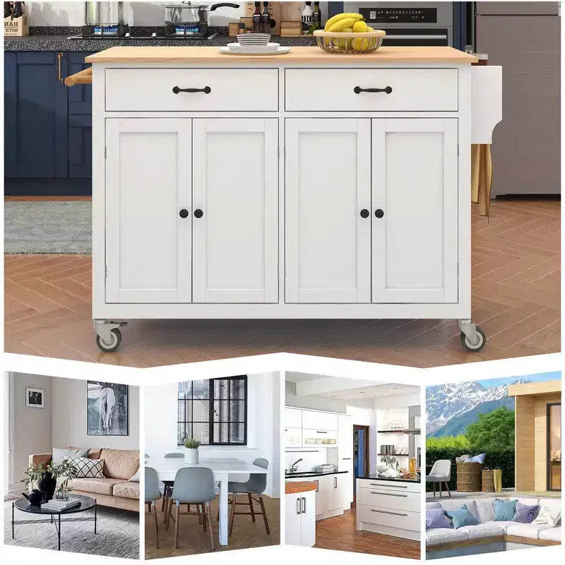 Carrello da Cucina con Isola, Piano in Legno Massello e Ruote Bloccabili, Larghezza 137.9 cm, Mobile a 4 Ante, Due Cassetti, Porta Spezie e Porta Asciugamani (Bianco)