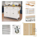 Carrello da Cucina con Isola, Piano in Legno Massello e Ruote Bloccabili, Larghezza 137.9 cm, Mobile a 4 Ante, Due Cassetti, Porta Spezie e Porta Asciugamani (Bianco)