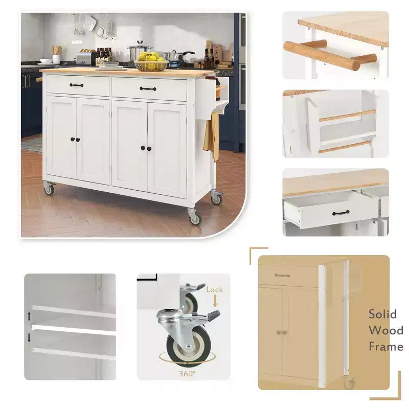 Carrello da Cucina con Isola, Piano in Legno Massello e Ruote Bloccabili, Larghezza 137.9 cm, Mobile a 4 Ante, Due Cassetti, Porta Spezie e Porta Asciugamani (Bianco)