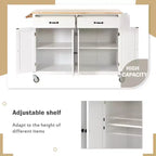 Carrello da Cucina con Isola, Piano in Legno Massello e Ruote Bloccabili, Larghezza 137.9 cm, Mobile a 4 Ante, Due Cassetti, Porta Spezie e Porta Asciugamani (Bianco)