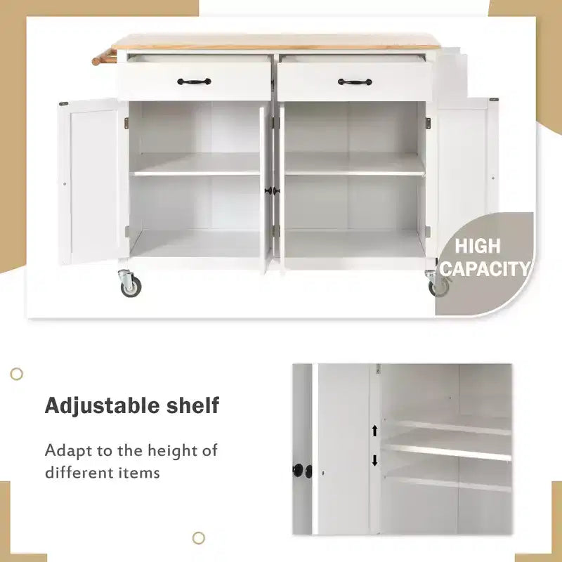 Carrello da Cucina con Isola, Piano in Legno Massello e Ruote Bloccabili, Larghezza 137.9 cm, Mobile a 4 Ante, Due Cassetti, Porta Spezie e Porta Asciugamani (Bianco)