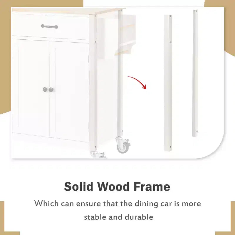 Carrello da Cucina con Isola, Piano in Legno Massello e Ruote Bloccabili, Larghezza 137.9 cm, Mobile a 4 Ante, Due Cassetti, Porta Spezie e Porta Asciugamani (Bianco)