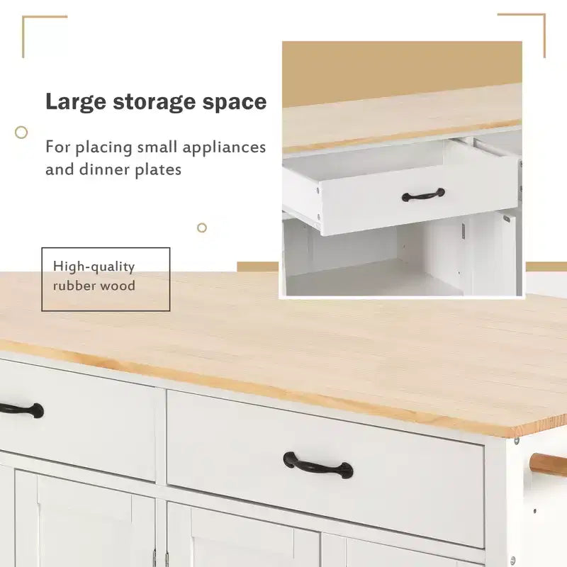 Carrello da Cucina con Isola, Piano in Legno Massello e Ruote Bloccabili, Larghezza 137.9 cm, Mobile a 4 Ante, Due Cassetti, Porta Spezie e Porta Asciugamani (Bianco)