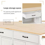 Carrello da Cucina con Isola, Piano in Legno Massello e Ruote Bloccabili, Larghezza 137.9 cm, Mobile a 4 Ante, Due Cassetti, Porta Spezie e Porta Asciugamani (Bianco)