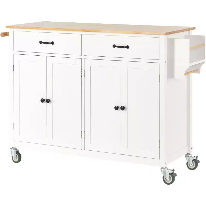 Carrello da Cucina con Isola, Piano in Legno Massello e Ruote Bloccabili, Larghezza 137.9 cm, Mobile a 4 Ante, Due Cassetti, Porta Spezie e Porta Asciugamani (Bianco)