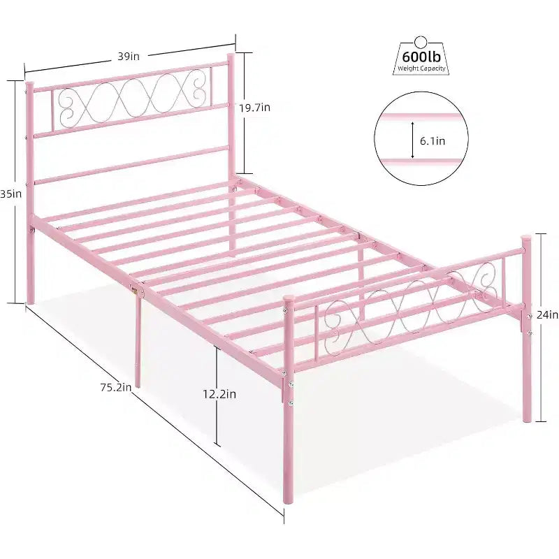 Struttura Letto a Piattaforma Matrimoniale in Metallo con Testiera e Pediera a Cuore, 31 cm di Spazio Contenitore Sotto il Letto, Robusto Supporto a Doghe