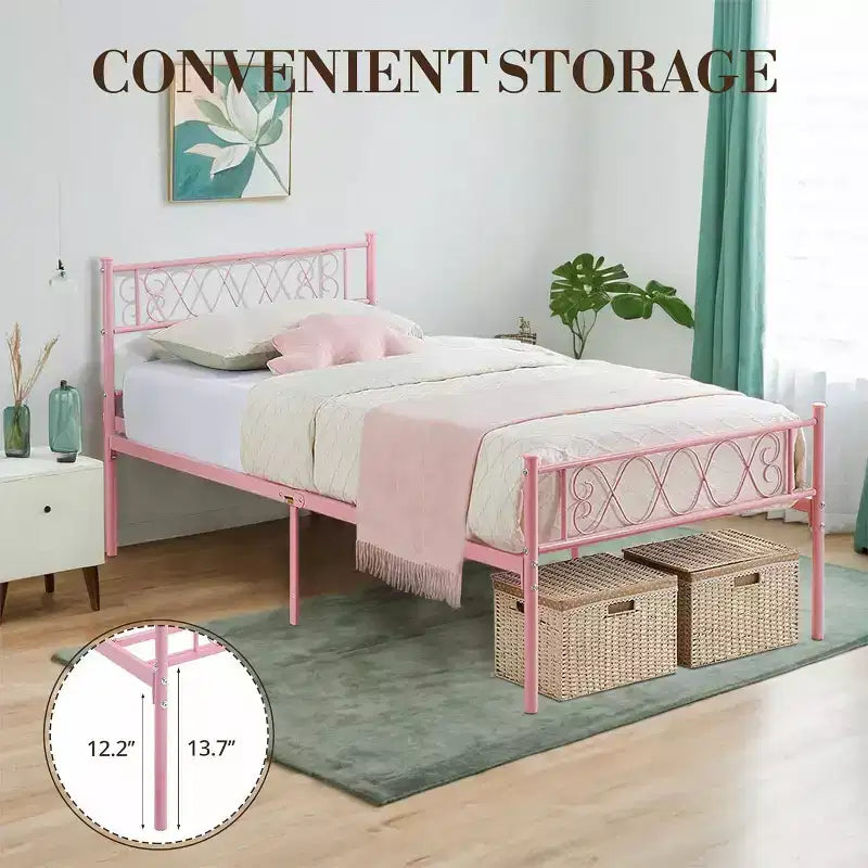 Struttura Letto a Piattaforma Matrimoniale in Metallo con Testiera e Pediera a Cuore, 31 cm di Spazio Contenitore Sotto il Letto, Robusto Supporto a Doghe