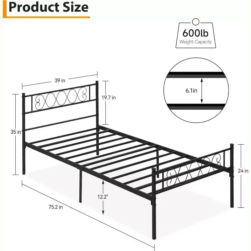Struttura Letto a Piattaforma Matrimoniale in Metallo con Testiera e Pediera a Cuore, 31 cm di Spazio Contenitore Sotto il Letto, Robusto Supporto a Doghe