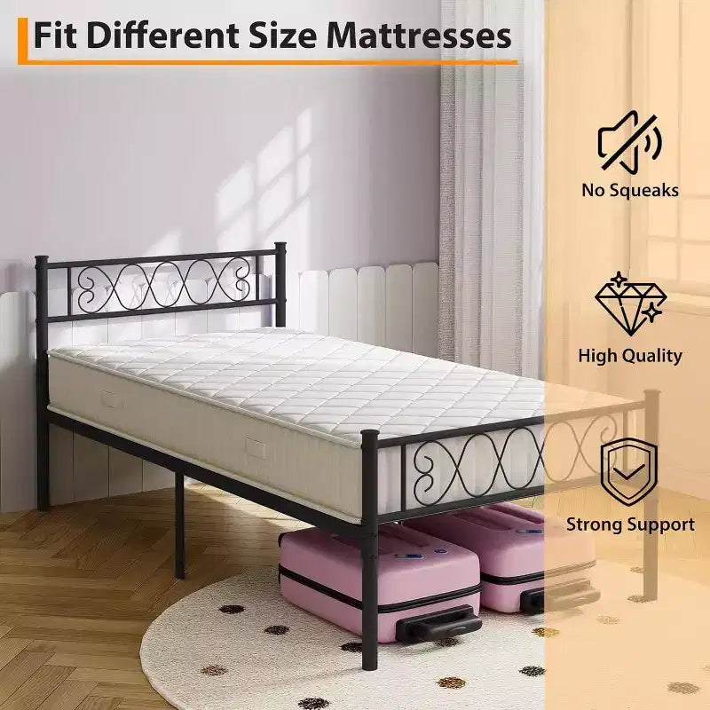 Struttura Letto a Piattaforma Matrimoniale in Metallo con Testiera e Pediera a Cuore, 31 cm di Spazio Contenitore Sotto il Letto, Robusto Supporto a Doghe