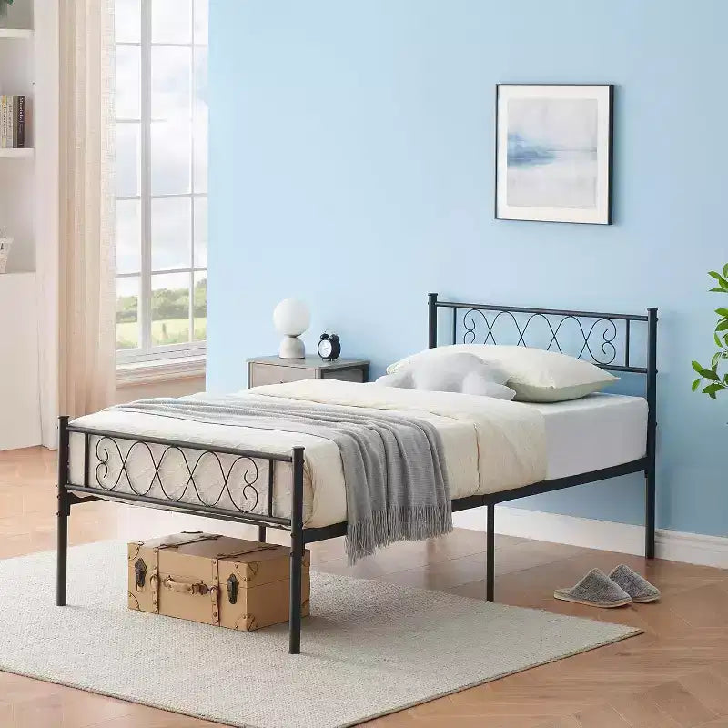 Acekool Twin Metal Platform Bed Frame with Heart-Shaped Headboard & Footboard, 12.2 Under-Bed Storage, Heavy-Duty Metal Slat Support,Black
