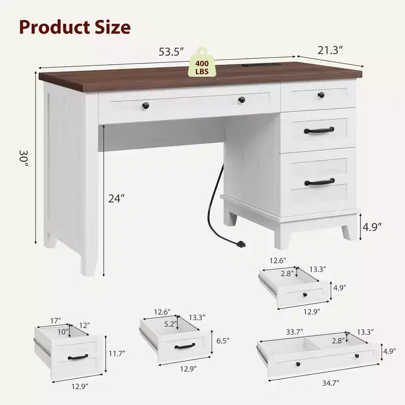 Scrivania Direzionale con Cassetti, Scrivania da Ufficio Rustica con Stazione di Ricarica, Scrivania per Computer in Legno da 136 cm con Contenitore per Documenti