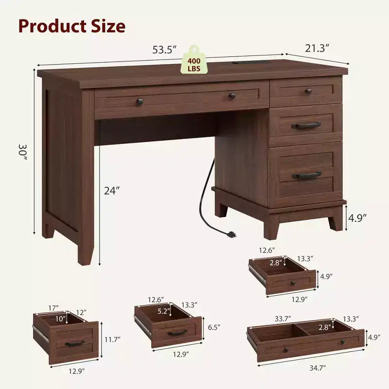 Scrivania Direzionale con Cassetti, Scrivania da Ufficio Rustica con Stazione di Ricarica, Scrivania per Computer in Legno da 136 cm con Contenitore per Documenti