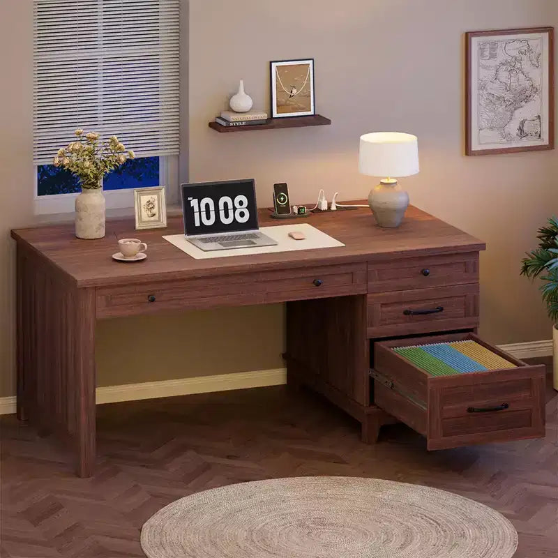 Executive Desk with Drawers, Farmhouse Home Office Desk with Charging Station, 53.54 in Wooden Computer Desk with File Cabinet Storage