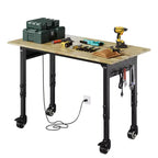 Banco da Lavoro Robusto con Presa Elettrica, Piano in Legno Regolabile in Altezza, Tavolo da Lavoro Mobile per Garage e Officina