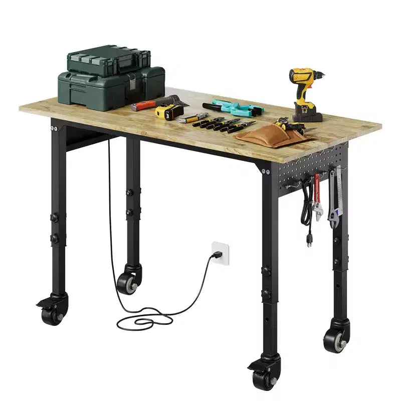 Banco da Lavoro Robusto con Presa Elettrica, Piano in Legno Regolabile in Altezza, Tavolo da Lavoro Mobile per Garage e Officina