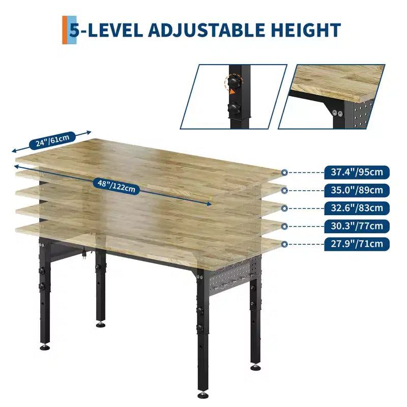 Banco da Lavoro Robusto con Presa Elettrica, Piano in Legno Regolabile in Altezza, Tavolo da Lavoro Mobile per Garage e Officina