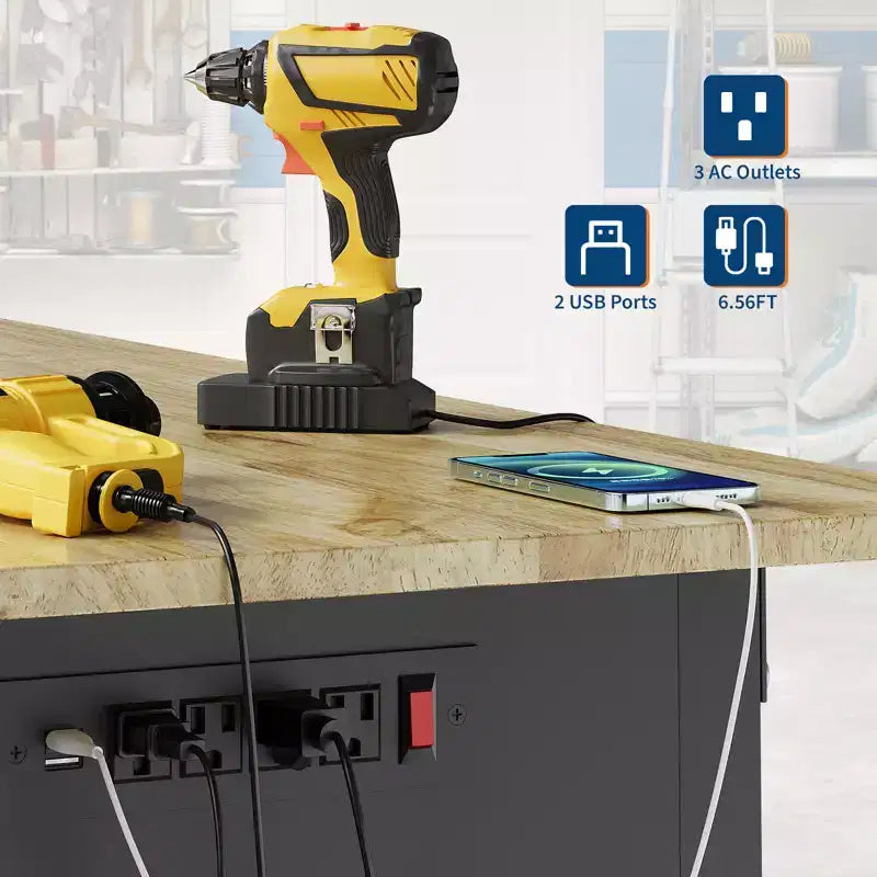 Banco da Lavoro Robusto con Presa Elettrica, Piano in Legno Regolabile in Altezza, Tavolo da Lavoro Mobile per Garage e Officina