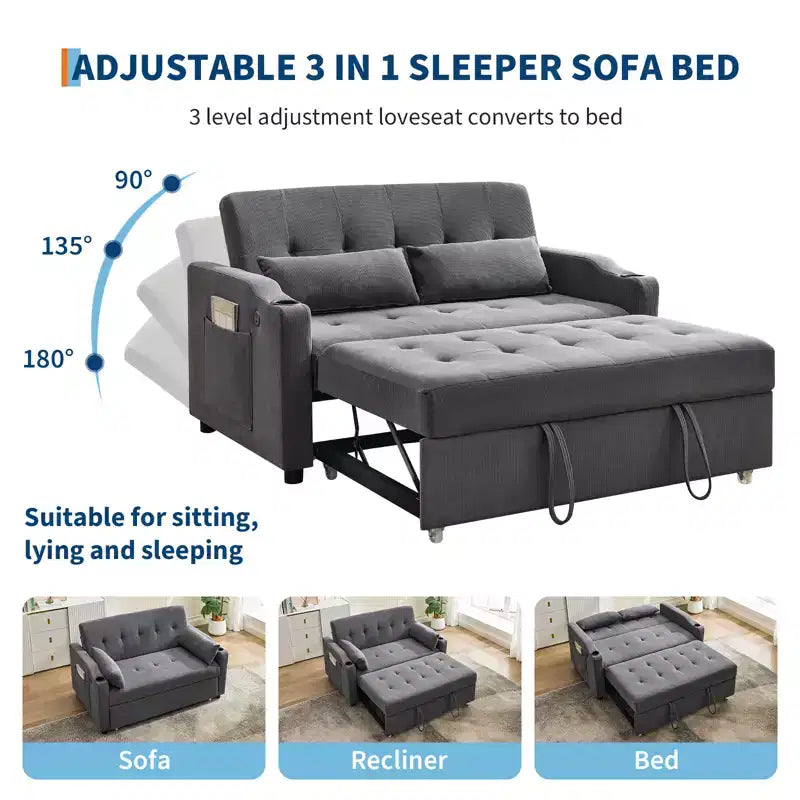 Divano letto convertibile 3-in-1, divanetto in velluto a coste con letto estraibile e schienale regolabile
