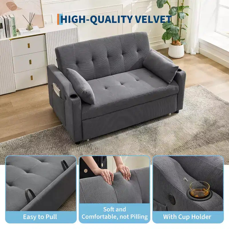 Divano letto convertibile 3-in-1, divanetto in velluto a coste con letto estraibile e schienale regolabile