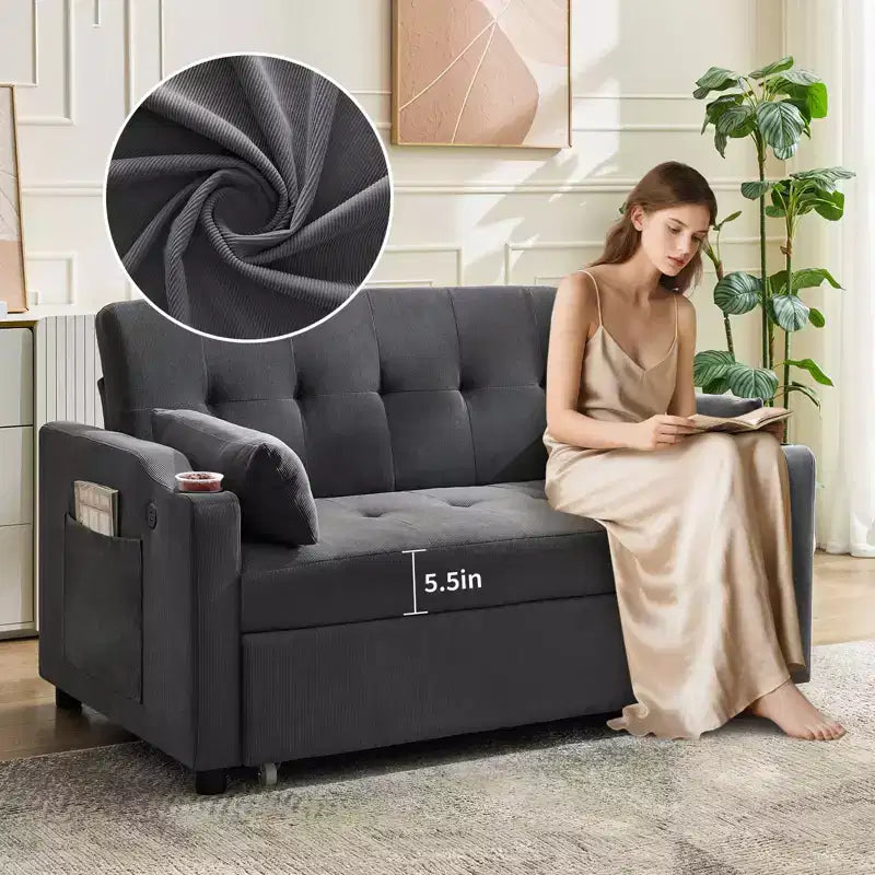 Divano letto convertibile 3-in-1, divanetto in velluto a coste con letto estraibile e schienale regolabile