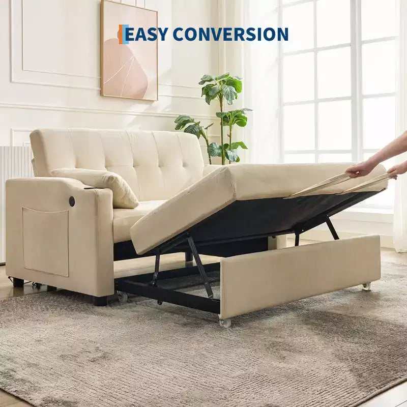 Divano letto convertibile 3-in-1, divanetto in velluto a coste con letto estraibile e schienale regolabile