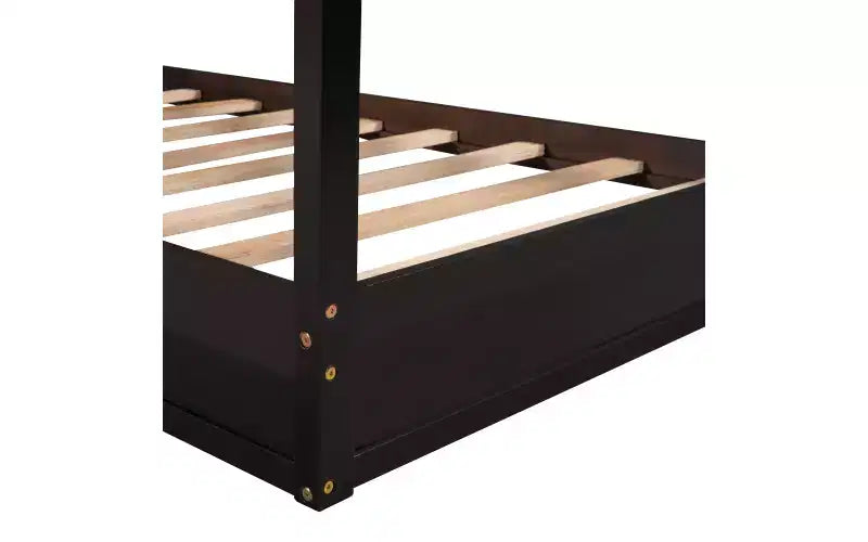 Letto a castello a L in legno a forma di casetta per 2 bambini, letto angolare con recinzione e rete a doghe, dimensioni singole