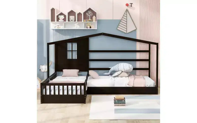 Letto a castello a L in legno a forma di casetta per 2 bambini, letto angolare con recinzione e rete a doghe, dimensioni singole
