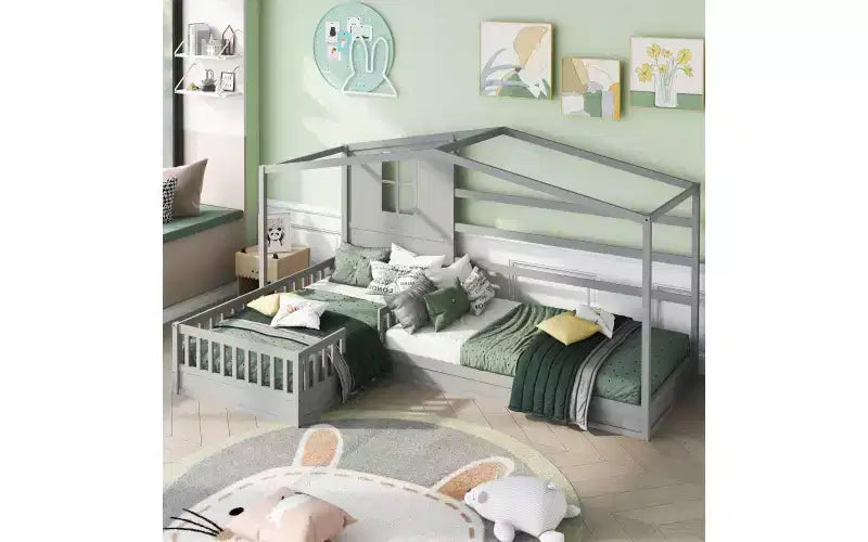 Letto a castello a L in legno a forma di casetta per 2 bambini, letto angolare con recinzione e rete a doghe, dimensioni singole