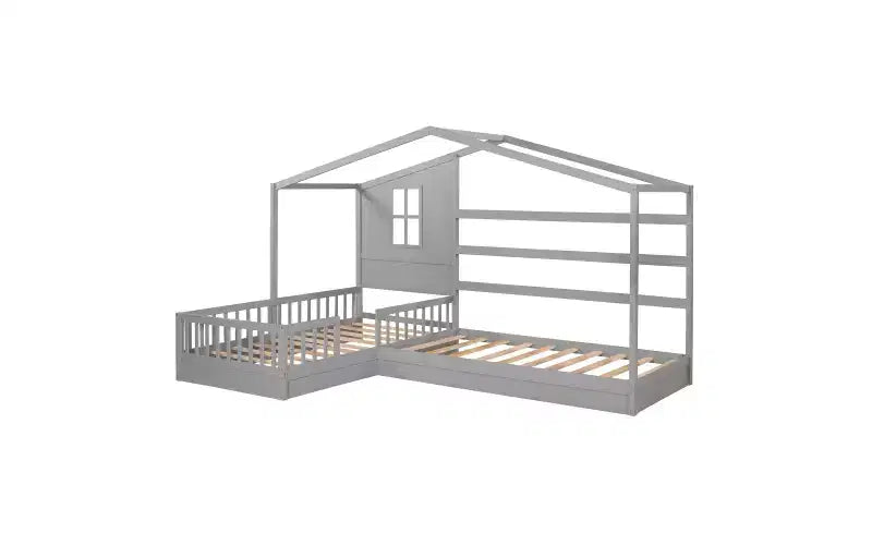 Letto a castello a L in legno a forma di casetta per 2 bambini, letto angolare con recinzione e rete a doghe, dimensioni singole