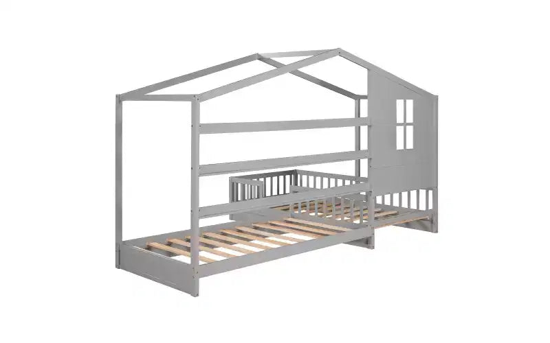Letto a castello a L in legno a forma di casetta per 2 bambini, letto angolare con recinzione e rete a doghe, dimensioni singole