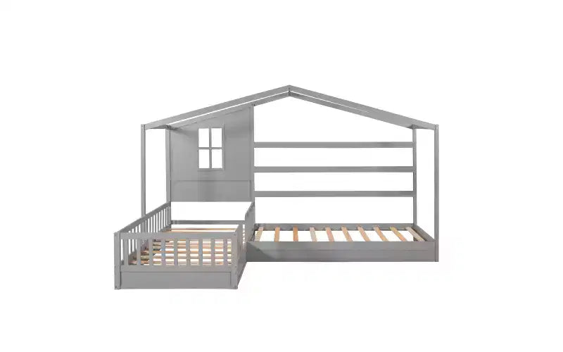 Letto a castello a L in legno a forma di casetta per 2 bambini, letto angolare con recinzione e rete a doghe, dimensioni singole
