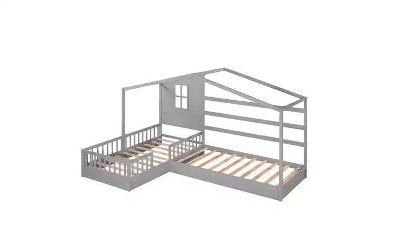 Letto a castello a L in legno a forma di casetta per 2 bambini, letto angolare con recinzione e rete a doghe, dimensioni singole