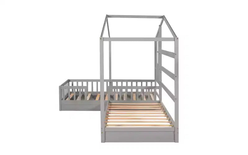 Letto a castello a L in legno a forma di casetta per 2 bambini, letto angolare con recinzione e rete a doghe, dimensioni singole