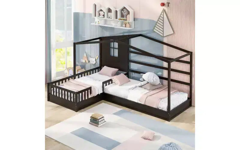 Letto a castello a L in legno a forma di casetta per 2 bambini, letto angolare con recinzione e rete a doghe, dimensioni singole
