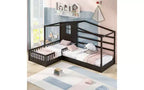 Letto a castello a L in legno a forma di casetta per 2 bambini, letto angolare con recinzione e rete a doghe, dimensioni singole