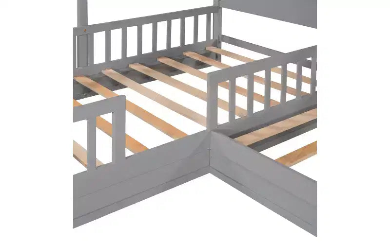 Letto a castello a L in legno a forma di casetta per 2 bambini, letto angolare con recinzione e rete a doghe, dimensioni singole