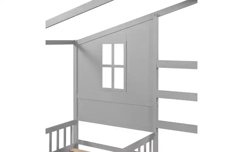 Letto a castello a L in legno a forma di casetta per 2 bambini, letto angolare con recinzione e rete a doghe, dimensioni singole