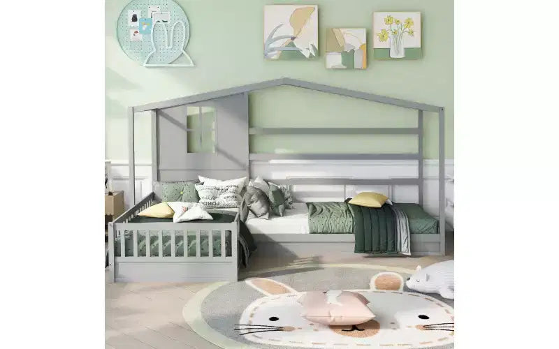 Letto a castello a L in legno a forma di casetta per 2 bambini, letto angolare con recinzione e rete a doghe, dimensioni singole