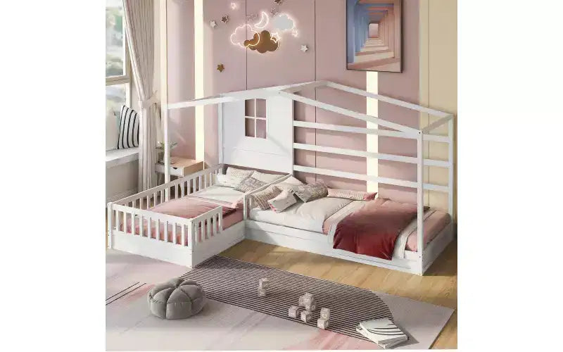 Letto a castello a L in legno a forma di casetta per 2 bambini, letto angolare con recinzione e rete a doghe, dimensioni singole