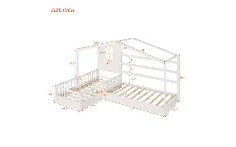 Letto a castello a L in legno a forma di casetta per 2 bambini, letto angolare con recinzione e rete a doghe, dimensioni singole