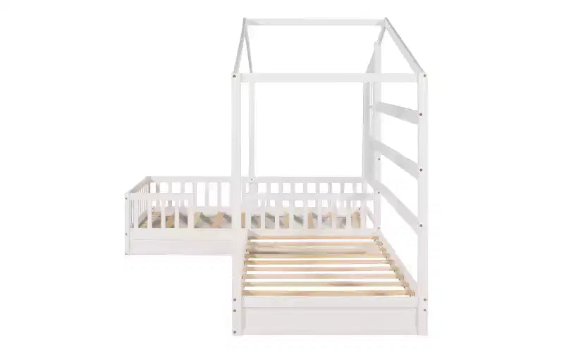 Letto a castello a L in legno a forma di casetta per 2 bambini, letto angolare con recinzione e rete a doghe, dimensioni singole