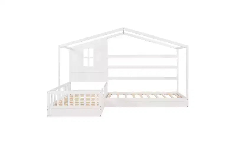 Letto a castello a L in legno a forma di casetta per 2 bambini, letto angolare con recinzione e rete a doghe, dimensioni singole