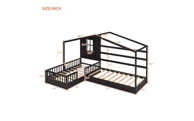 Letto a castello a L in legno a forma di casetta per 2 bambini, letto angolare con recinzione e rete a doghe, dimensioni singole