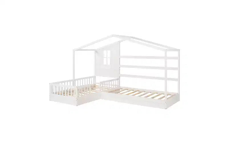 Letto a castello a L in legno a forma di casetta per 2 bambini, letto angolare con recinzione e rete a doghe, dimensioni singole