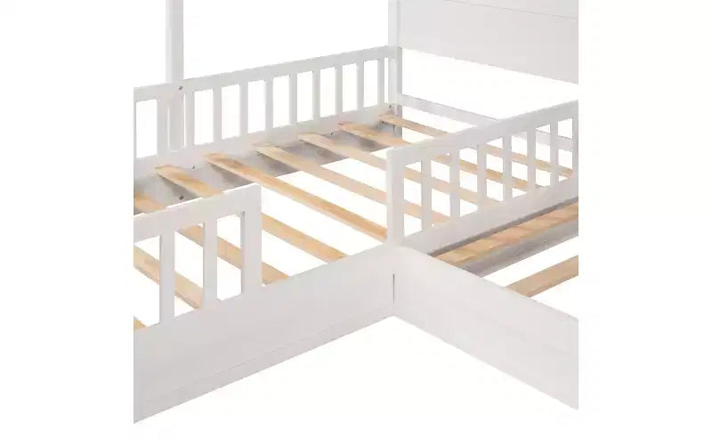 Letto a castello a L in legno a forma di casetta per 2 bambini, letto angolare con recinzione e rete a doghe, dimensioni singole