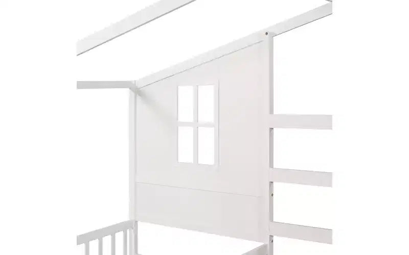 Letto a castello a L in legno a forma di casetta per 2 bambini, letto angolare con recinzione e rete a doghe, dimensioni singole