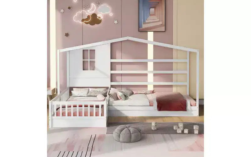 Letto a castello a L in legno a forma di casetta per 2 bambini, letto angolare con recinzione e rete a doghe, dimensioni singole