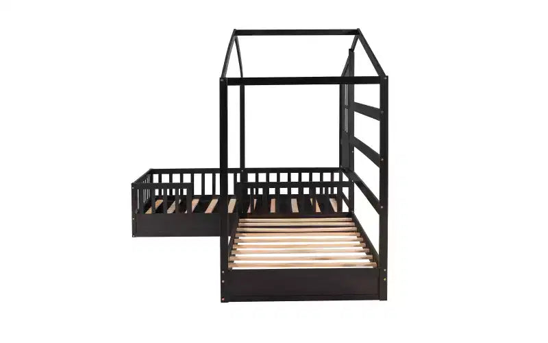 Letto a castello a L in legno a forma di casetta per 2 bambini, letto angolare con recinzione e rete a doghe, dimensioni singole